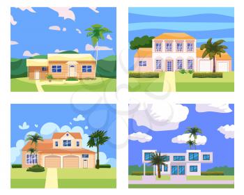 Residential Home Buildings in landscape tropic trees, palms. House exterior facades front view architecture family cottages houses or mansions apartments, villa. Suburban property, vector illustration cartoon flat style