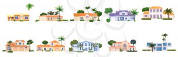 Set Residential Home Buildings, tropic trees, palms. House exterior facades front view architecture family cottages houses or mansions apartments, villa. Suburban property, vector illustration cartoon flat style