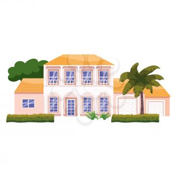 Mansion Residential Home Building, tropic trees, palms. House exterior facades front view architecture family cottage house or apartments, villa. Suburban property, vector illustration cartoon flat style