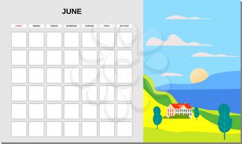 Calendar Planner June month. Minimalistic landscape natural backgrounds Summer. Monthly template for diary business. Vector isolated illustration