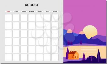Calendar Planner August month. Minimalistic landscape natural backgrounds Summer. Monthly template for diary business. Vector isolated illustration