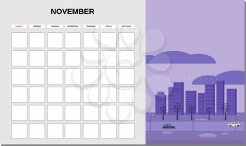 Calendar Planner November month. Minimalistic landscape natural backgrounds Autumn. Monthly template for diary business. Vector isolatedillustration