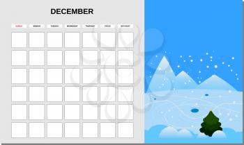 Calendar Planner December month. Minimalistic landscape natural backgrounds Winter. Monthly template for diary business. Vector isolated illustration