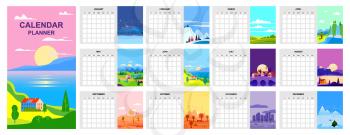 Calendar Planner minimalistic landscape natural backgrounds of four seasons template. Winter, Spring, Summer, Autumn. Monthly for diary business. Week Starts Sunday. Vector flat style isolated illustration
