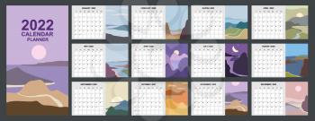 2022 Calendar Planner abstract minimalist contemporary landscape natural backgrounds. Monthly template for diary business. Week Starts Sunday. Vector isolated illustration