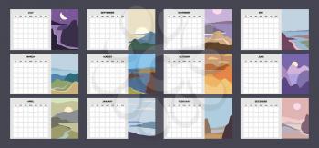 Calendar Planner abstract minimalist contemporary landscape natural backgrounds. Monthly template for diary business. Week Starts Sunday. Vector isolated illustration