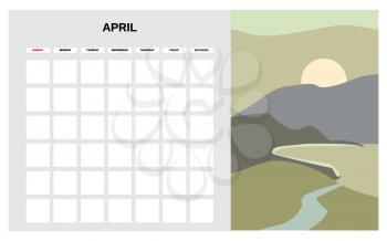 Calendar Planner April spring month. Minimal abstract contemporary landscape natural background. Monthly template for diary business. Vector isolated illustration