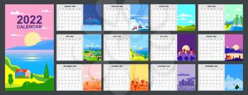 2022 Calendar Planner minimalistic landscape natural backgrounds of four seasons. Winter, Spring, Summer, Autumn. Monthly template for diary business. Week Starts Sunday. Vector isolated illustration