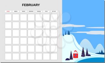 Calendar Planner February month. Minimalistic landscape natural backgrounds Winter. Monthly template for diary business. Vector isolated illustration