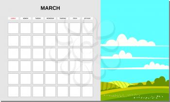 Calendar Planner March month. Minimalistic landscape natural backgrounds Spring. Monthly template for diary business. Vector isolated illustration
