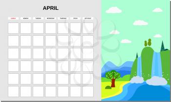 Calendar Planner April month. Minimalistic landscape natural backgrounds Spring. Monthly template for diary business. Vector isolated illustration