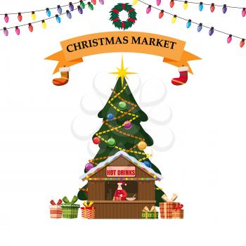 Christmas stall with with food and hot drinks. Big Christmas tree Xmas shop with garlands decorations