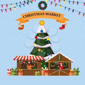 Christmas souvenirs market stalls with decorations and gifts