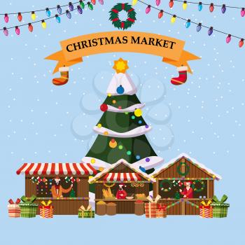 Christmas souvenirs market stall with decorations souvenirs and bakery