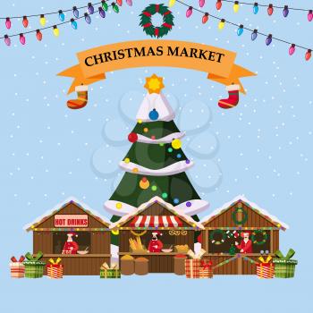 Christmas souvenirs market stalls with decorations souvenirs and bakery