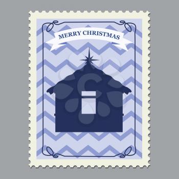 Merry Christmas retro postage stamp with christmas hut