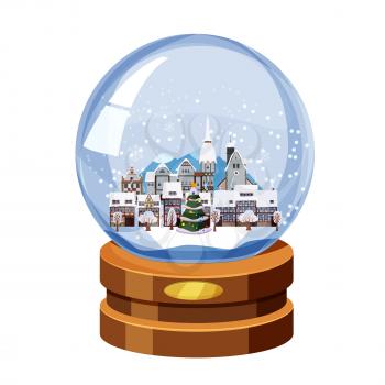 Christmas souvenir snow globe with little town in winter fir-tree
