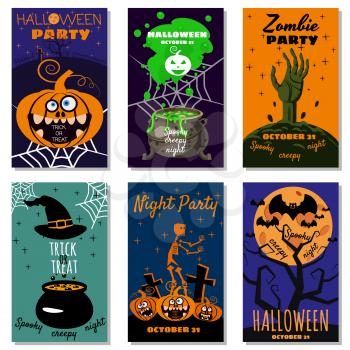 Set Halloween holiday greeting card merry pumpkin, spider web, deads, witch, cemetery, cauldron. Template banner, flyer, poster vector illustration