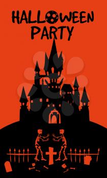 Halloween holiday Night Party greeting card dark castle deads party cemetery. Template banner, flyer, poster. Vector illustration