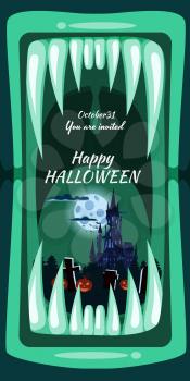 Creepy Halloween party banner scary monster character teeth jaw in mouth closeup