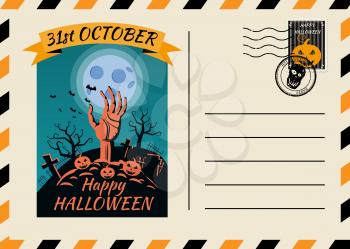 Happy Halloween Postcard invitation template with Postage Stamp background design