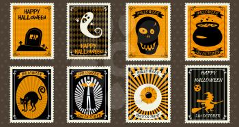 Happy Halloween Set Postage Stamps with pumpkin, ghost, Wampire, zombie, castle, black cat grave