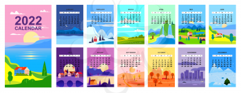 2022 Calendar landscape natural backgrounds of four seasons. Winter wonderland, Fresh on Spring, Hot sunny day on Summer, Autumn with leaves falling. Set minimalistic cartoon flat design seasons background isolated