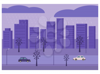 Autumn landscape sity, rain buildings, street. Banner for cover baner poster. Minimal trendy style isolated vector