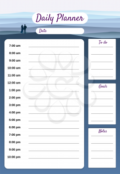 Daily Planner template vector. Minimal landscape with couple background, To Do list, goals, notes. Business notebook management, organizer. Isolated illustration