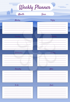Weekly Planner template vector. Minimal landscape background, To Do list, goals, notes. Business notebook management, organizer. Isolated illustration