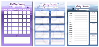 Monthly, Weekly, Daily Planner template vector. Minimal landscape with couple background, To Do list, goals, notes. Business notebook management, organizer. Isolated illustration