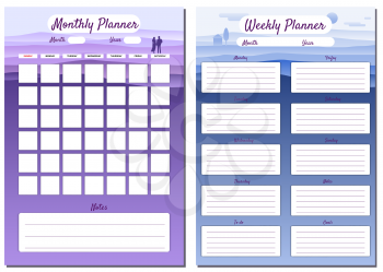 Monthly, Weekly, Planner template vector. Minimal landscape with couple background, To Do list, goals, notes. Business notebook management, organizer. Isolated illustration