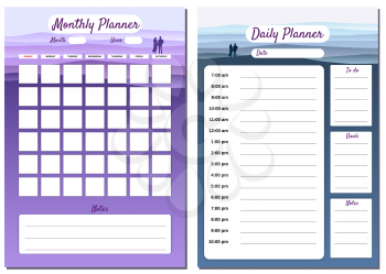Monthly, Daily Planner template vector. Minimal landscape with couple background, To Do list, goals, notes. Business notebook management, organizer. Isolated illustration