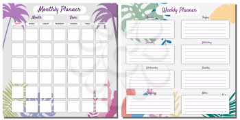 Daily, Weekly, Planner Set template vector. Palms floral decoration background. Business notebook management, organizer. Isolated illustration