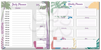 Weekly, Daily Planner Set template vector. Palms floral decoration background, timetable, To Do list, goals, notes. Business notebook management, organizer. Isolated illustration