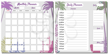 Daily, Monthly, Planner Set template vector. Palms floral decoration background, schedule, To Do list, goals, notes. Business notebook management, organizer. Isolated illustration