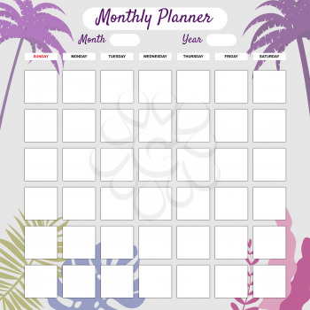 Monthly Planner template vector. Palms floral decoration background. Business notebook management, organizer. Isolated illustration