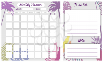 Monthly Planner template vector. Palms floral decoration background, To Do list, notes. Business notebook management, organizer. Isolated illustration