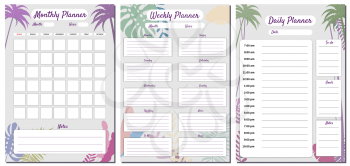 Monthly, Weekly, Daily Planner Set template vector. Palms floral decoration background, To Do list, goals, notes. Business notebook management, organizer. Isolated illustration