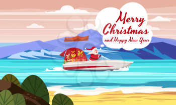 Merry Christmas Santa Claus on speed boat on ocean sea tropical island mountains seaside