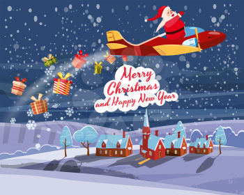 Santa Claus flying on speed retro airplane delivering gifts in the night sky