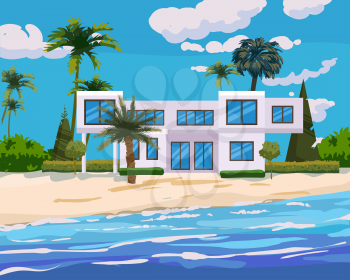 Villa on tropical exotic island coast. Modern luxury cottage, ocean, beach, palms and plants, summertime landscape seachore. Vector illustration cartoon style