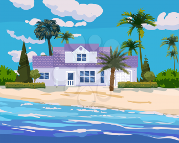 Modern cottage mansion on tropical exotic island coast. Modern villa architecture luxury, ocean, beach, palms and plants, summertime landscape seachore. Vector illustration cartoon style