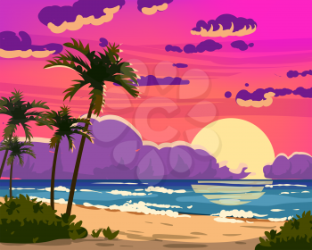 Sunset Ocean Tropical resort landscape. Sea shore beach, sun, exotic palms, coastline, clouds, sky, summer vacation. Vector illustration cartoon style isolated