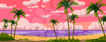 Sunset Ocean Tropical resort landscape panorama. Sea shore beach, sun, exotic palms, coastline, clouds, sky, summer vacation. Vector illustration cartoon style isolated