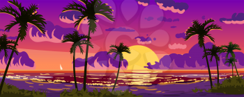 Sunset Ocean Tropical resort landscape panorama. Sea shore beach, sun, exotic palms, coastline, clouds, sky, summer vacation. Vector illustration cartoon style isolated