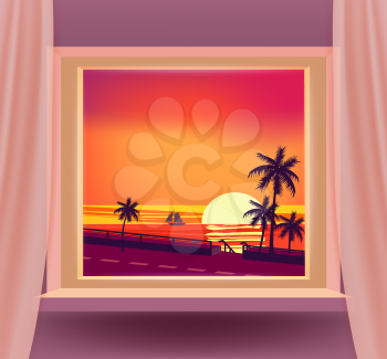 Open window interior home with a sunset sea ocean landscape, seascape view nature, palms, tropical, road. Tropic summer landscape from view the window with curtains. Vector illustration flat cartoon style