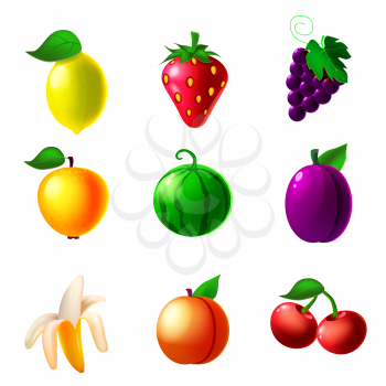 Fruit machine slot icons set, lemon, strawberry, grapes, apple, watermelon, plum, banana, peach, cherry . Classic collection symbol for games gambling, mobile app. Vector illustration cartoon style isolated