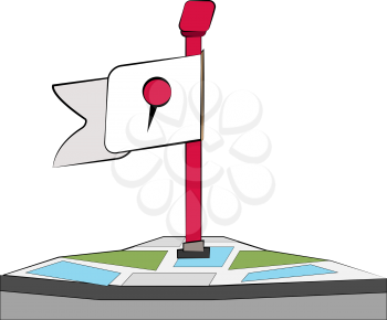 A location marker or post on a map it has red stand & a white flag with logo generally used for gps vector color drawing or illustration 
