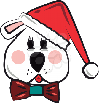 A puppy with Santa hat & red ribbon on neck all set for festive celebrations vector color drawing or illustration 